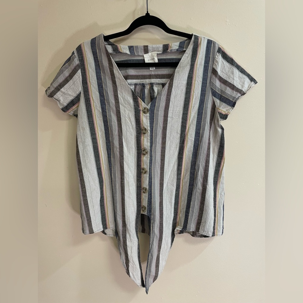 Harper Striped V-Neck Boho Tie Knot Button Down Top Women’s Size Large